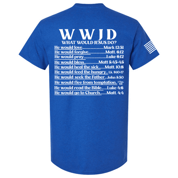 Mens Christian Shirt WWJD? He Would Love Forgive Pray Bless Christian Flag Sleeve Back Design Short Sleeve T-shirt-Heather Royal-4xl