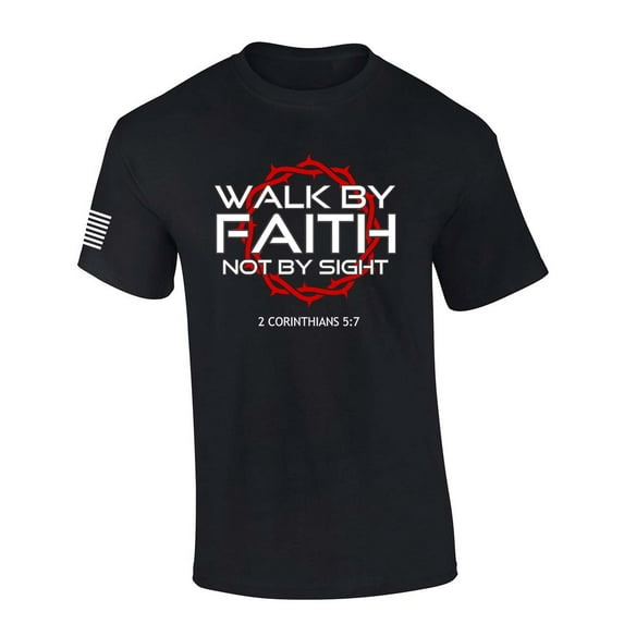 Mens Christian Shirt Walk By Faith Not By Sight 2 Corinthians 5:7 Scripture American Flag Sleeve T-shirt Graphic Tee-Black-5xl