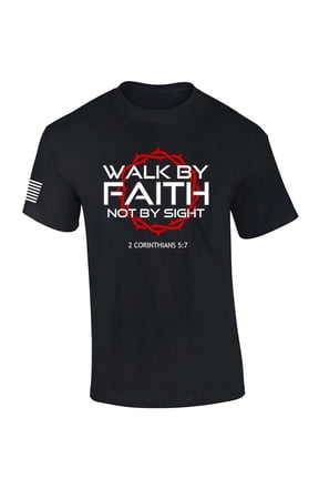Mens Christian Shirt Walk By Faith Not By Sight 2 Corinthians 5:7 Scripture American Flag Sleeve T-shirt Graphic Tee-Black-xl