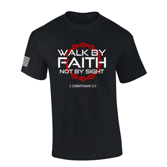 Mens Christian Shirt Walk By Faith Not By Sight 2 Corinthians 5:7 Scripture American Flag Sleeve T-shirt Graphic Tee-Black-xl