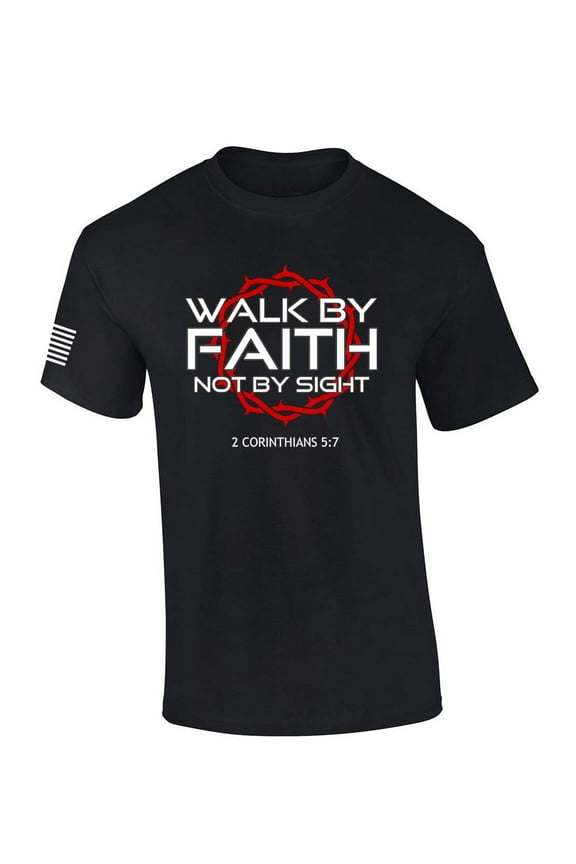 Mens Christian Shirt Walk By Faith Not By Sight 2 Corinthians 5:7 Scripture American Flag Sleeve T-shirt Graphic Tee-Black-xxl