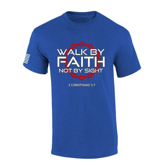 Mens Christian Shirt Walk By Faith Not By Sight 2 Corinthians 5:7 Scripture American Flag Sleeve T-shirt Graphic Tee-Heather Royal-small