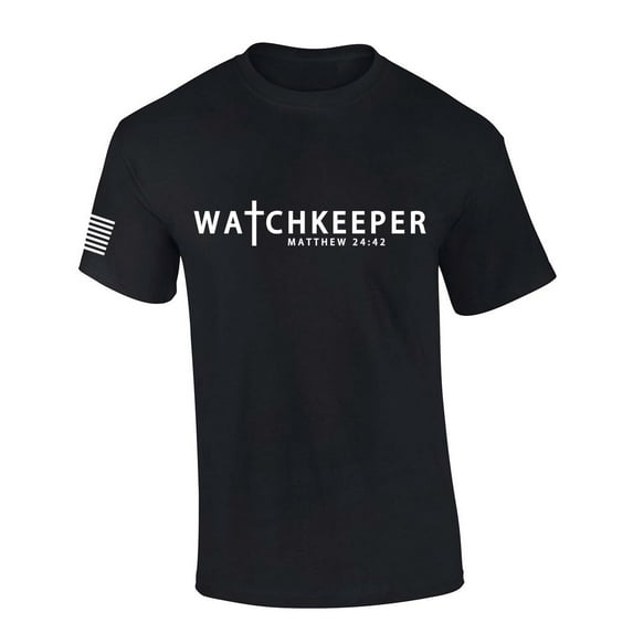 Mens Christian Shirt Watchkeeper Matthew 24:42 Scripture American Flag Sleeve T-shirt Graphic Tee-Black-medium