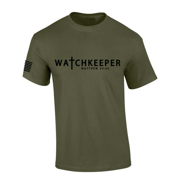 Mens Christian Shirt Watchkeeper Matthew 24:42 Scripture American Flag Sleeve T-shirt Graphic Tee-Military Green-xxl