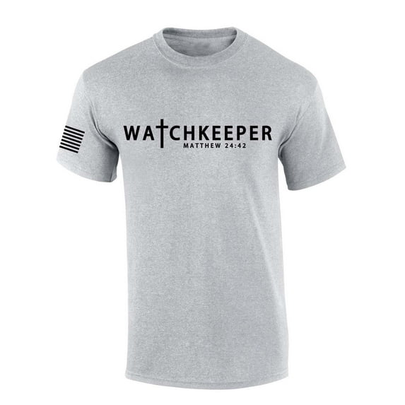 Mens Christian Shirt Watchkeeper Matthew 24:42 Scripture American Flag Sleeve T-shirt Graphic Tee-Sports Grey-4xl