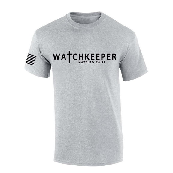 Mens Christian Shirt Watchkeeper Matthew 24:42 Scripture American Flag Sleeve T-shirt Graphic Tee-Sports Grey-small