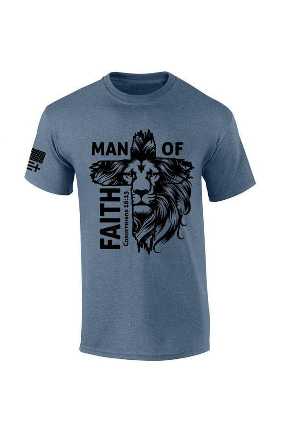 Mens Christian T-shirt Man of Faith Corinthians 16:13 Short Sleeve T-shirt-Heather Indigo-xxxl