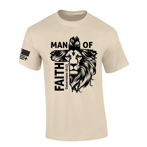 Mens Christian T-shirt Man of Faith Corinthians 16:13 Short Sleeve T-shirt-Sand-small
