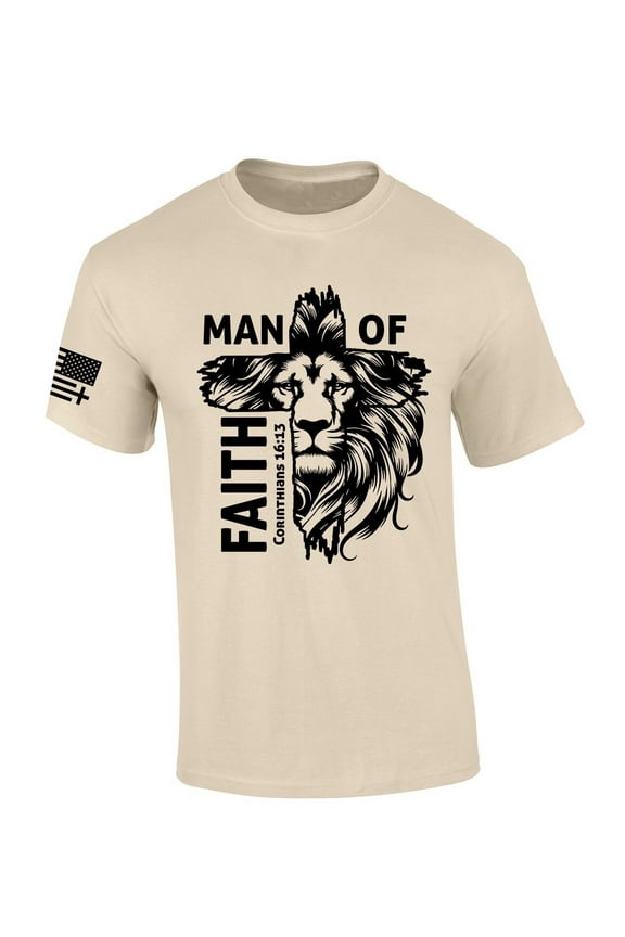 Mens Christian T-shirt Man of Faith Corinthians 16:13 Short Sleeve T-shirt-Sand-xxxl