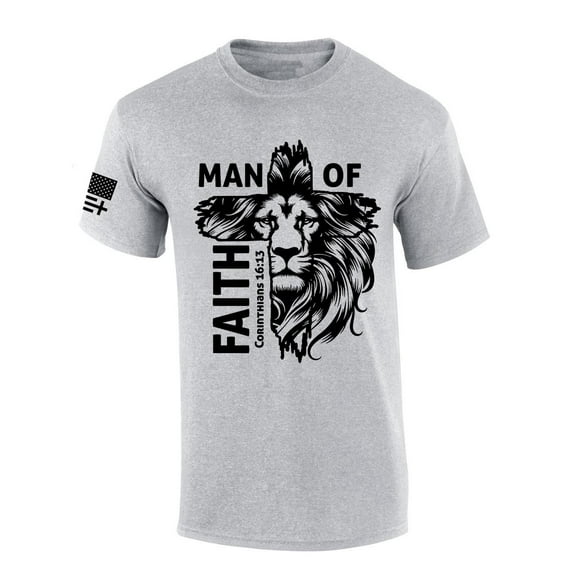 Mens Christian T-shirt Man of Faith Corinthians 16:13 Short Sleeve T-shirt-Sports Grey-large