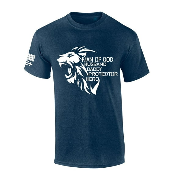Mens Christian T-shirt Man of God Husband Daddy Protector Hero Short Sleeve T-shirt-Heather Navy-6xl