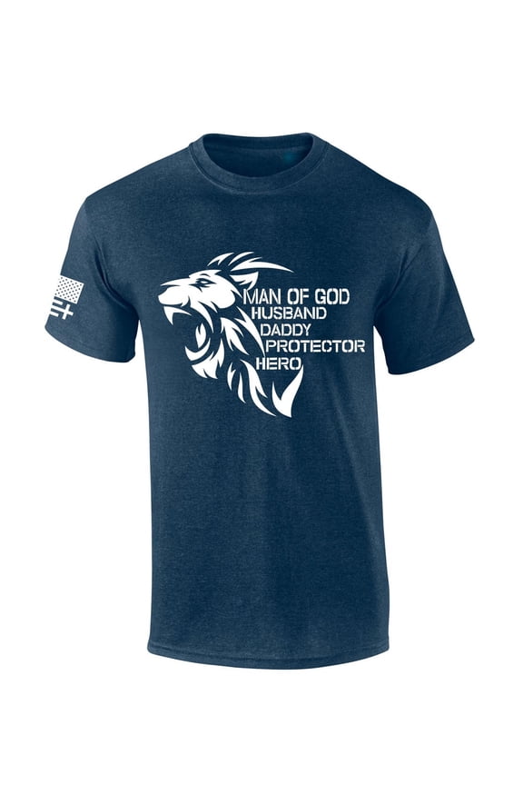 Mens Christian T-shirt Man of God Husband Daddy Protector Hero Short Sleeve T-shirt-Heather Navy-xl