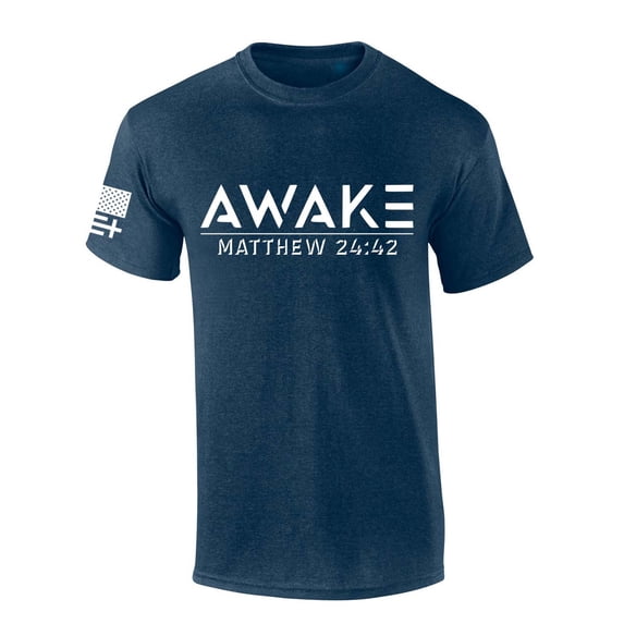 Mens Christian Tshirt Awake Matthew 24:42 Scripture Short Sleeve T-shirt Graphic Tee-Heather Navy-large