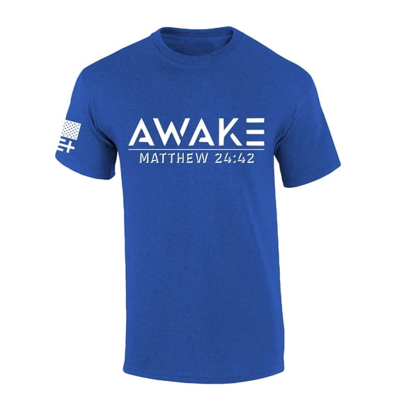 Mens Christian Tshirt Awake Matthew 24:42 Scripture Short Sleeve T-shirt Graphic Tee-Heather Royal-medium
