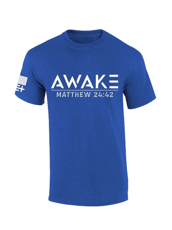Mens Christian Tshirt Awake Matthew 24:42 Scripture Short Sleeve T-shirt Graphic Tee-Heather Royal-small