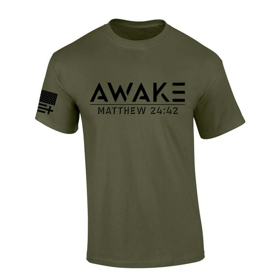 Mens Christian Tshirt Awake Matthew 24:42 Scripture Short Sleeve T-shirt Graphic Tee-Military Green-6xl