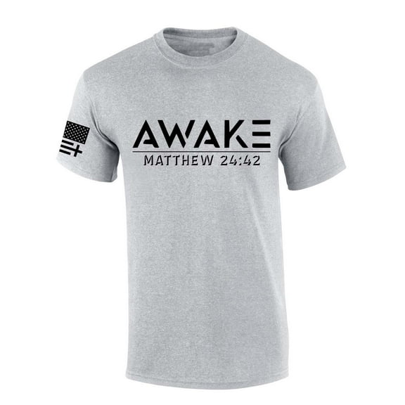 Mens Christian Tshirt Awake Matthew 24:42 Scripture Short Sleeve T-shirt Graphic Tee-Sports Grey-xxxl