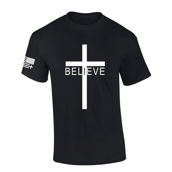 Mens Christian Tshirt Believer Cross Jesus Short Sleeve T-shirt-Black-large