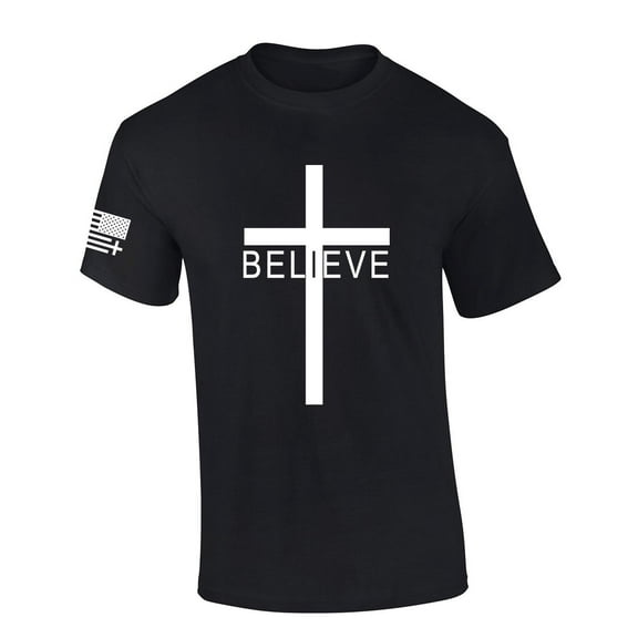 Mens Christian Tshirt Believer Cross Jesus Short Sleeve T-shirt-Black-large