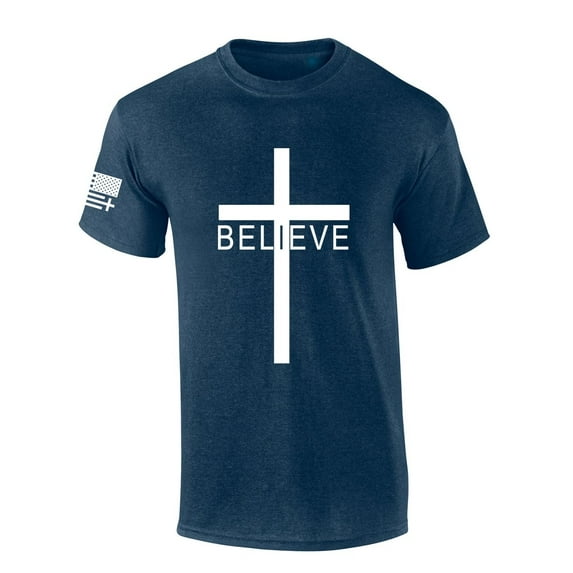 Mens Christian Tshirt Believer Cross Jesus Short Sleeve T-shirt-Heather Navy-xxxl