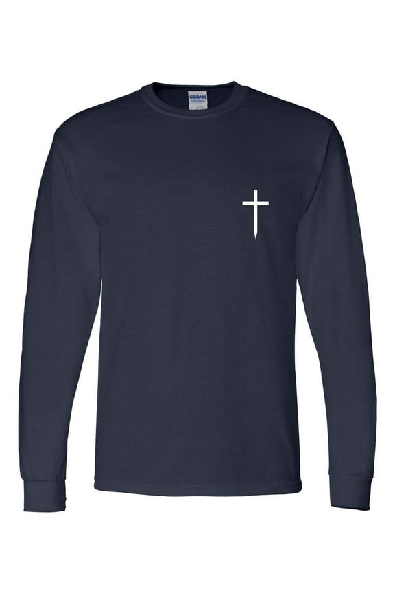 Mens Christian Tshirt Cross Crest Jesus Christian Long Sleeve T-shirt Graphic Tee-Navy-xl