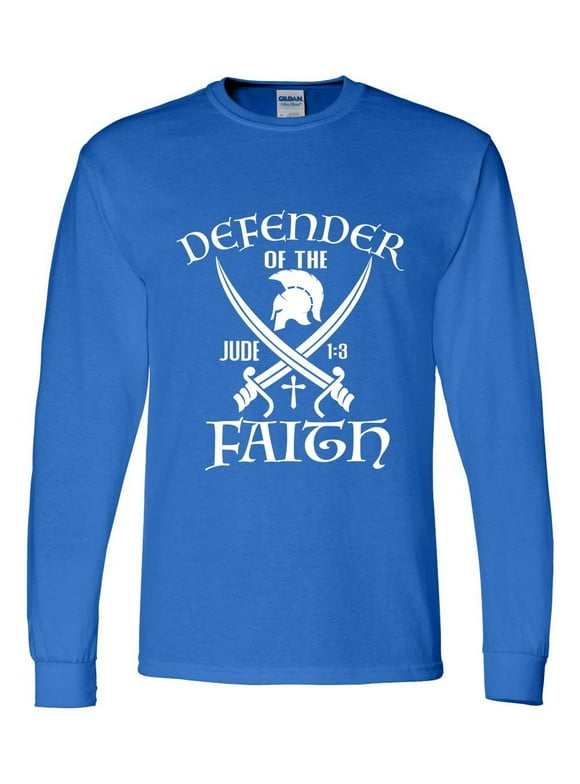 Mens Christian Tshirt Defender of the Faith Jude 1:3 Long Sleeve T-shirt Graphic Tee-Royal-4xl