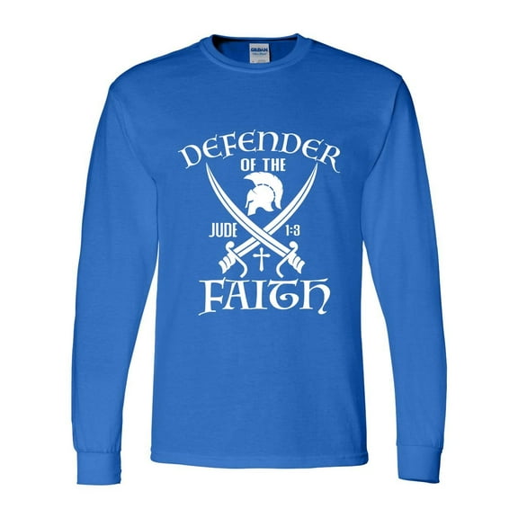 Mens Christian Tshirt Defender of the Faith Jude 1:3 Long Sleeve T-shirt Graphic Tee-Royal-small