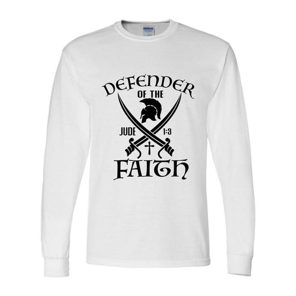 Mens Christian Tshirt Defender of the Faith Jude 1:3 Long Sleeve T-shirt Graphic Tee-White-small