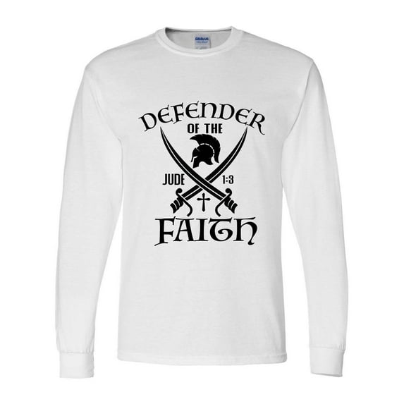 Mens Christian Tshirt Defender of the Faith Jude 1:3 Long Sleeve T-shirt Graphic Tee-White-small