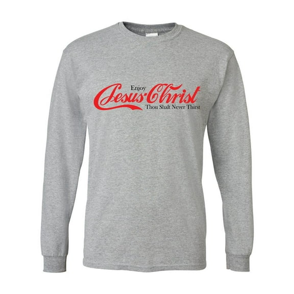 Mens Christian Tshirt Enjoy Jesus Christ Soda Logo Parody Long Sleeve T-shirt-Sports Grey-4xl