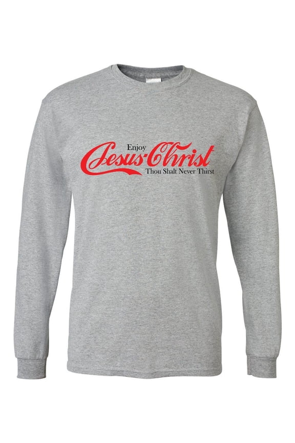 Mens Christian Tshirt Enjoy Jesus Christ Soda Logo Parody Long Sleeve T-shirt-Sports Grey-small