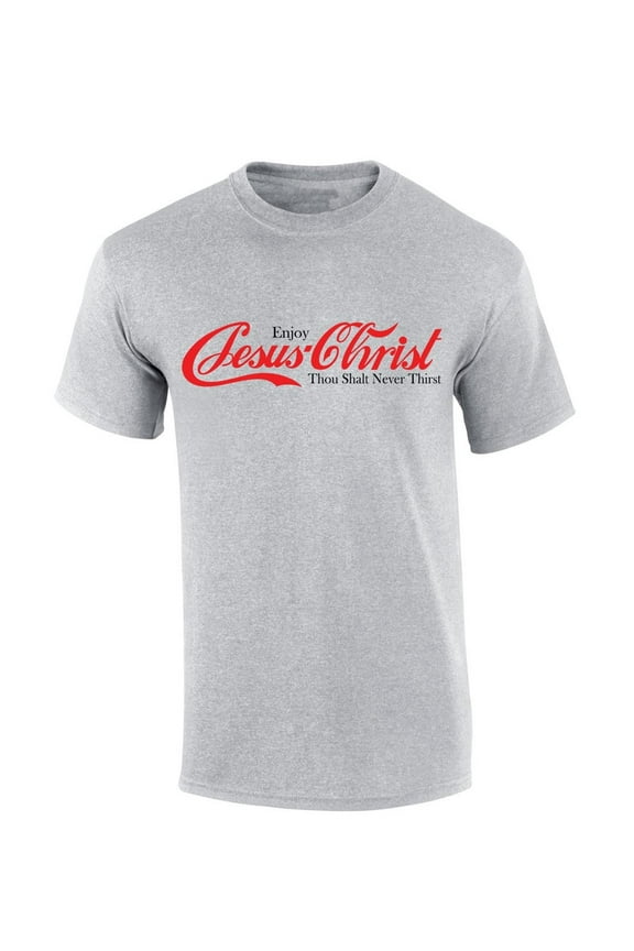 Mens Christian Tshirt Enjoy Jesus Christ Soda Logo Parody Short Sleeve T-shirt-Sports Grey-large