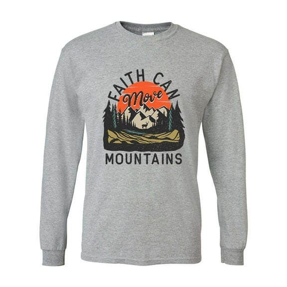 Mens Christian Tshirt Faith Can Move Mountains Long Sleeve T-shirt Graphic Tee-Sports Grey-xxl