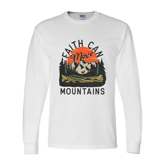 Mens Christian Tshirt Faith Can Move Mountains Long Sleeve T-shirt Graphic Tee-White-xxxl