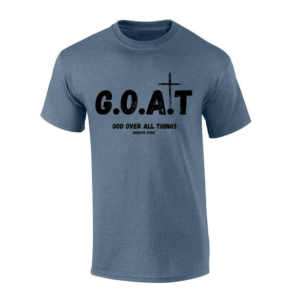 Mens Christian Tshirt GOAT God Over All Things Jesus Short Sleeve T-shirt-Heather Indigo-large