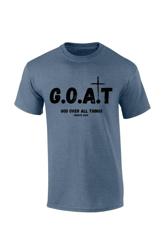 Mens Christian Tshirt GOAT God Over All Things Jesus Short Sleeve T-shirt-Heather Indigo-xxl