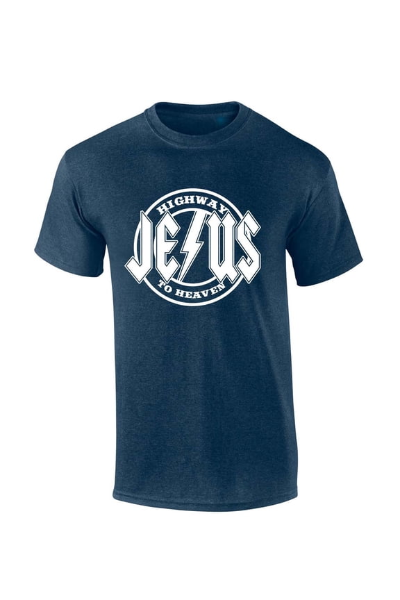 Mens Christian Tshirt Highway to Heaven Jesus Metal Logo Short Sleeve T-shirt Graphic Tee-Heather Navy-xxxl