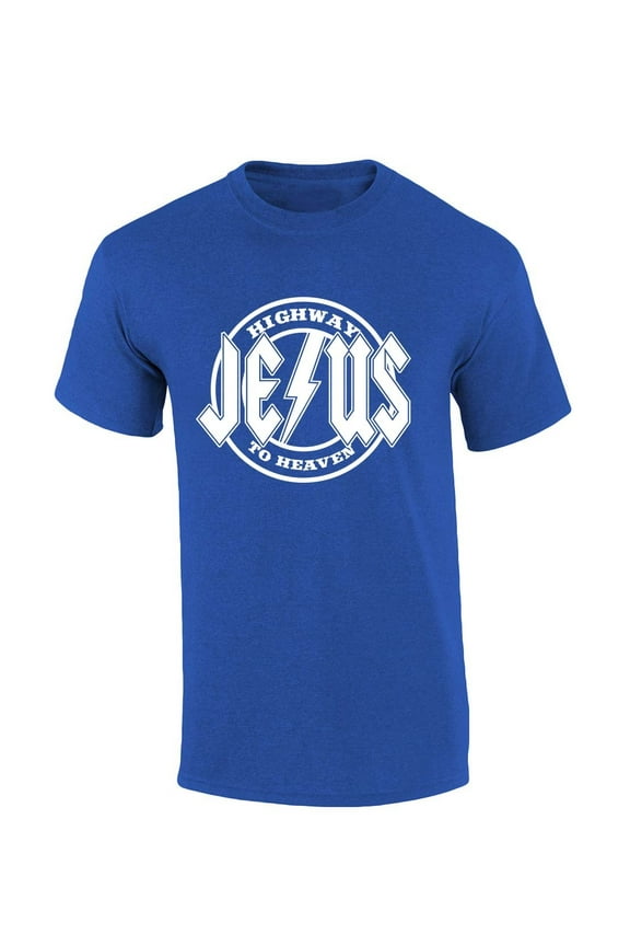 Mens Christian Tshirt Highway to Heaven Jesus Metal Logo Short Sleeve T-shirt Graphic Tee-Heather Royal-5xl