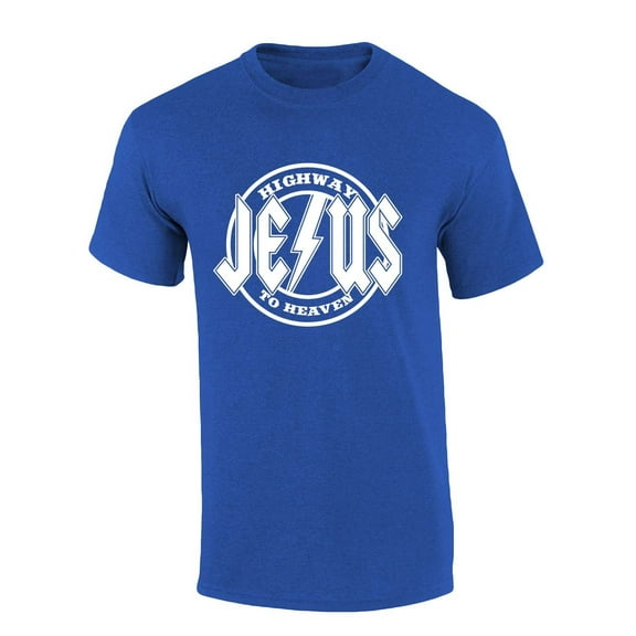 Mens Christian Tshirt Highway to Heaven Jesus Metal Logo Short Sleeve T-shirt Graphic Tee-Heather Royal-small
