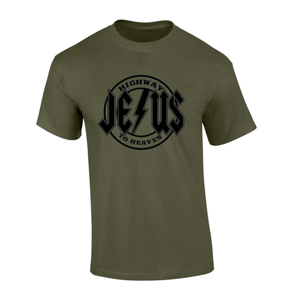 Mens Christian Tshirt Highway to Heaven Jesus Metal Logo Short Sleeve T-shirt Graphic Tee-Military Green-xxxl