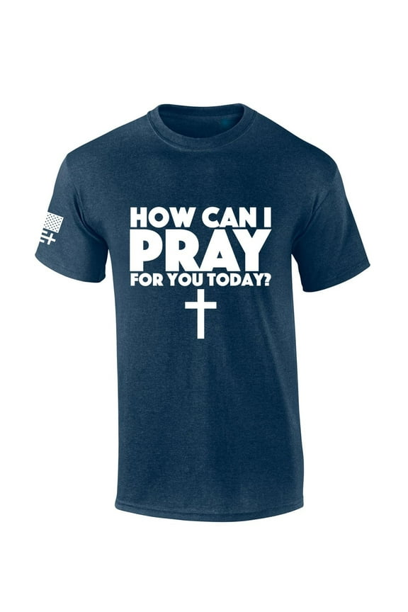Mens Christian Tshirt How Can I Pray For You Today? Short Sleeve T-shirt-Heather Navy-medium