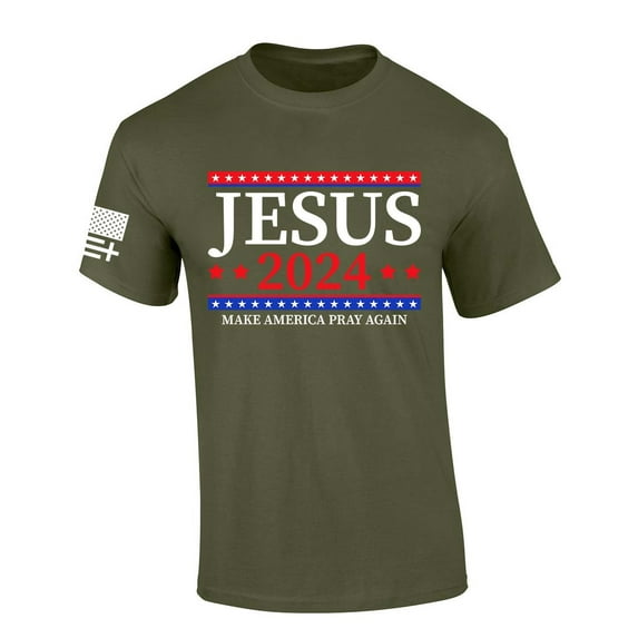 Mens Christian Tshirt Jesus 2024 Make America Pray Again Short Sleeve T-shirt Graphic Tee-Military Green-6xl