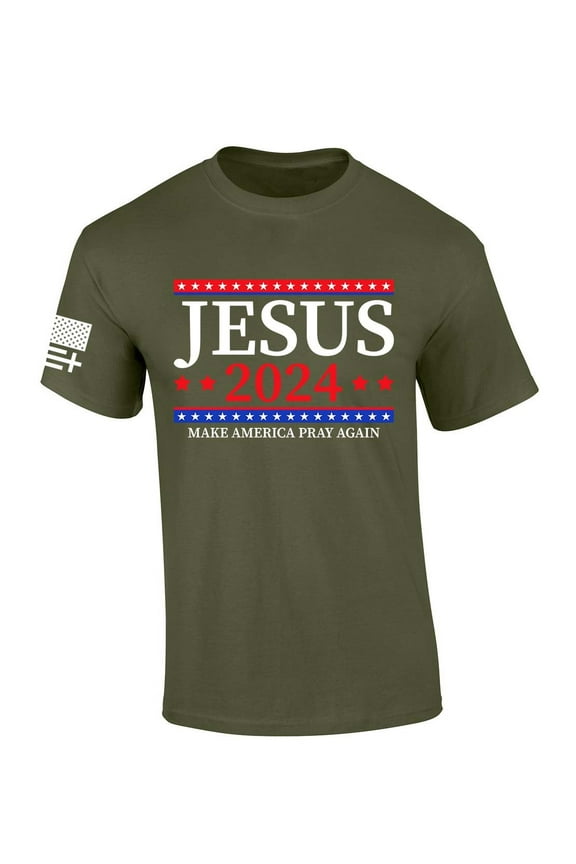 Mens Christian Tshirt Jesus 2024 Make America Pray Again Short Sleeve T-shirt Graphic Tee-Military Green-large