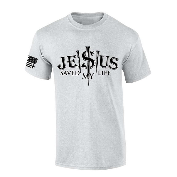 Mens Christian Tshirt Jesus Saved My Life 3 Nails Short Sleeve T-shirt Graphic Tee-Ash Grey-xl