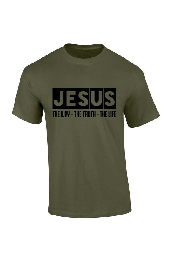 Mens Christian Tshirt Jesus the Way the Truth the Life Short Sleeve T-shirt Graphic Tee-Military Green-xl