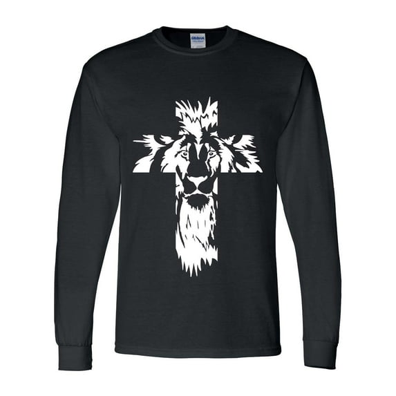 Mens Christian Tshirt Lion of Judah Cross Christian Long Sleeve T-shirt Graphic Tee-Black-medium