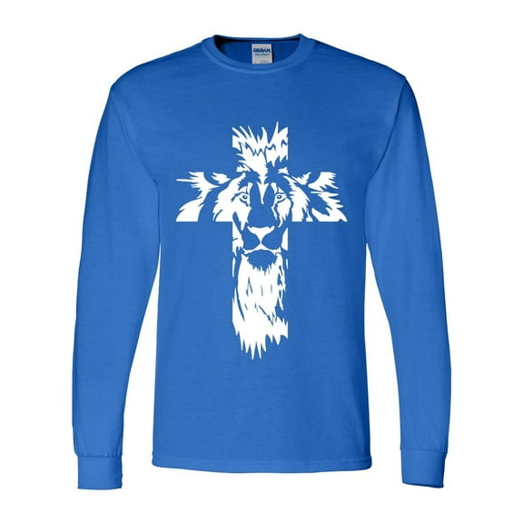 Mens Christian Tshirt Lion of Judah Cross Christian Long Sleeve T-shirt Graphic Tee-Royal-6xl
