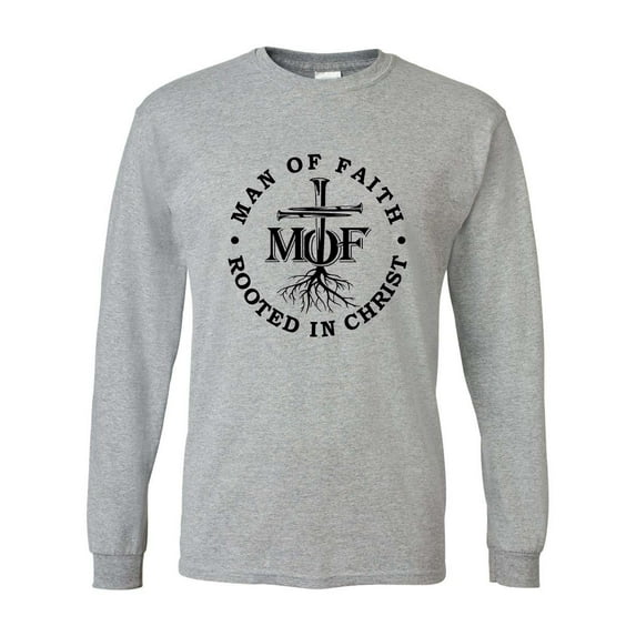 Mens Christian Tshirt Man of Faith Rooted in Christ Christian Long Sleeve T-shirt Graphic Tee-Sports Grey-large