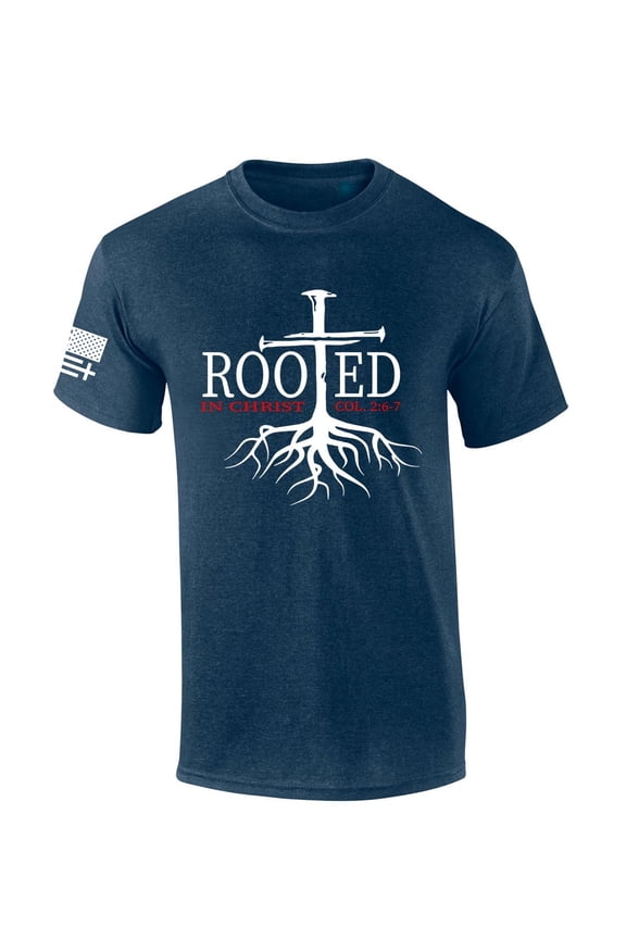 Mens Christian Tshirt Nail Cross Rooted In Christ Short Sleeve T-shirt-Heather Navy-4xl