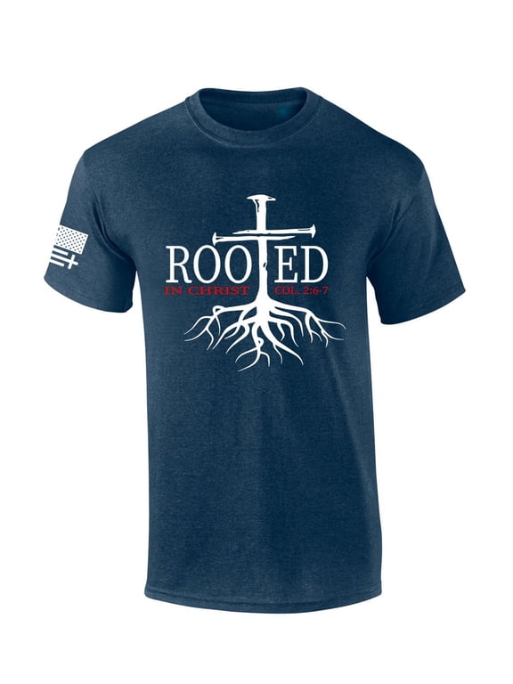 Mens Christian Tshirt Nail Cross Rooted In Christ Short Sleeve T-shirt-Heather Navy-4xl